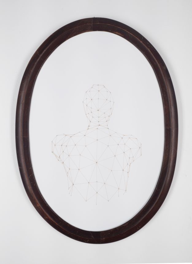 A view of the back of a person from their waist up is drawn with straight lines connecting points to make triangular facets. The white paper is in a black oval frame.