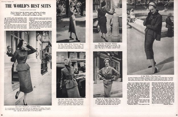Magazine spread. Six black and white pictures show pale-skinned women wearing close-fitting caps, nipped-waisted jackets that flare over their hips, shin-length pencil skirts, gloves, and pumps. The women walk or stand in streets or parks.