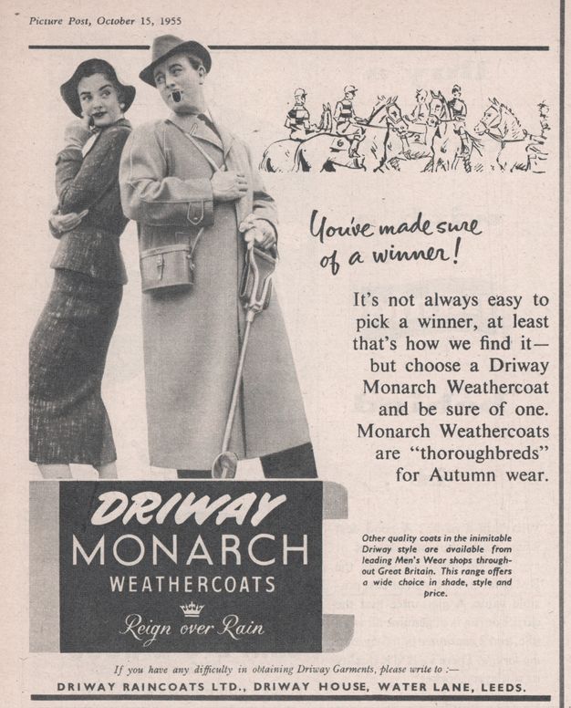 Ad. A pale-skinned man and woman lean back to back, peering at each other over their shoulders, next to a line drawing of racehorses and the slogan, “You've made sure of a winner!” Both have pale skin. The woman wears a floppy-brimmed hat, tight-fitting jacket, and shin-length pencil skirt. The man smokes a pipe and wears a fedora hat and long trench coat.